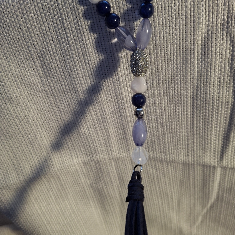 Blue and White Beaded Tassel Necklace With A Little Sparkle